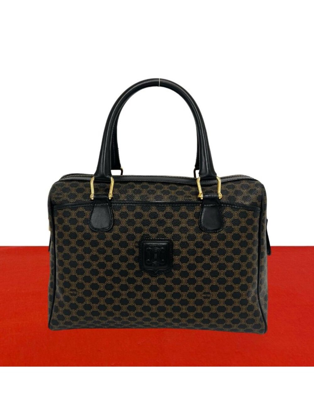 Celine Vintage Macadam Blason Pattern Logo Leather Mini Boston Bag Black